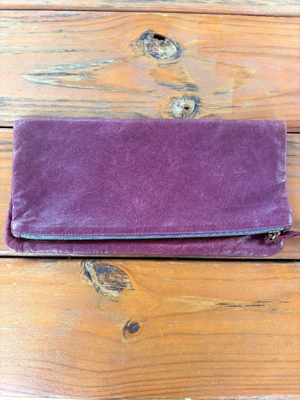 Clare Vivier Wine Colored Foldover Clutch Purse in Nubuck Leather